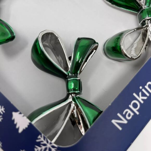 Green Bow Christmas Napkin Rings Set of 4 Silver Holiday Glam Cherish the Season - Picture 13 of 14